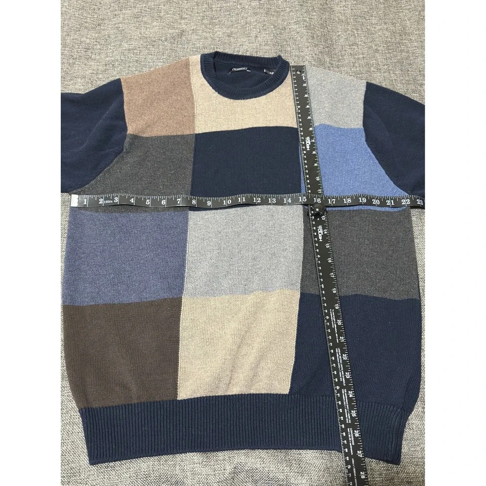 Haggar Mens Large Sweater Navy Blue Colorblock Patchwork Cotton Crew Neck